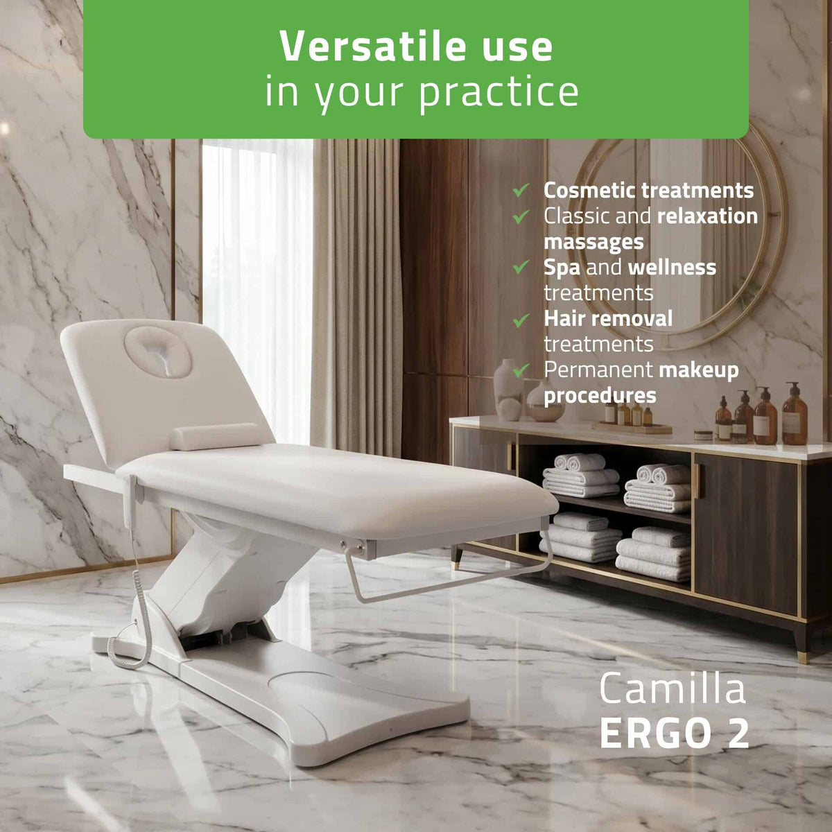 Camilla ERGO 2 procedūru galds, balts, attēls 3