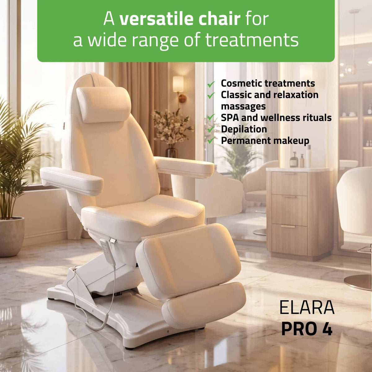 Elara PRO 4 kosmetoloģijas krēsls, balta